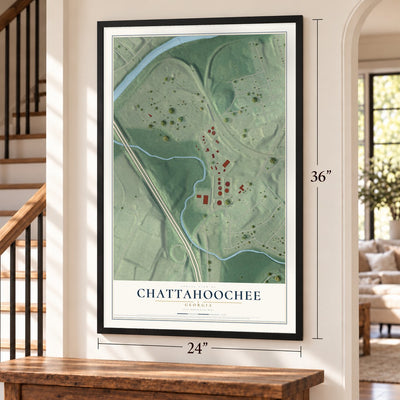 Chattahoochee, Georgia map, 24 x 36 inch print in a black frame by a staircase