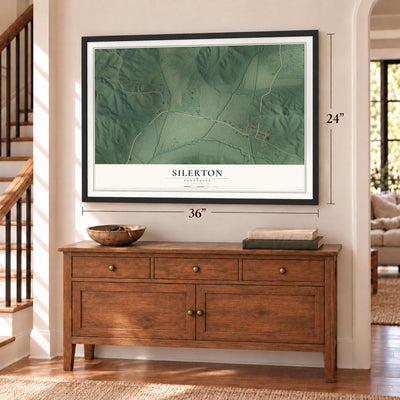 Silerton, Tennessee map, 24 x 36 inch print in a black frame above a dresser by a staircase