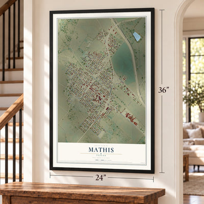 Mathis, Texas map, 24 x 36 inch print in a black frame by a staircase