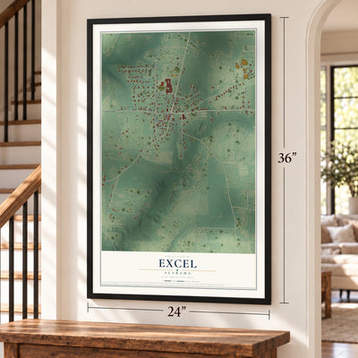 Excel, Alabama map, 24 x 36 inch print in a black frame by a staircase