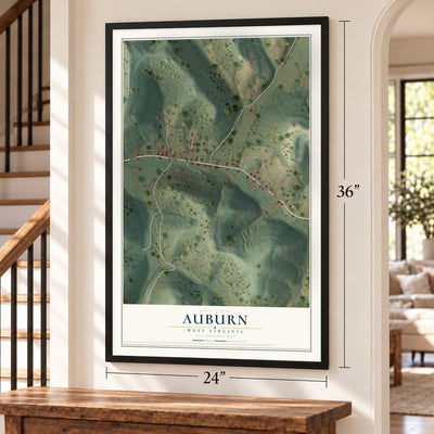 Auburn, West Virginia map, 24 x 36 inch print in a black frame by a staircase