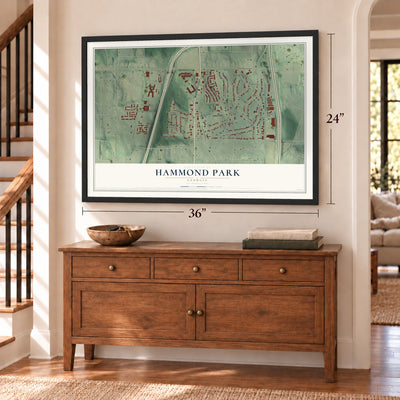 Hammond Park, Georgia map, 24 x 36 inch print in a black frame above a dresser by a staircase