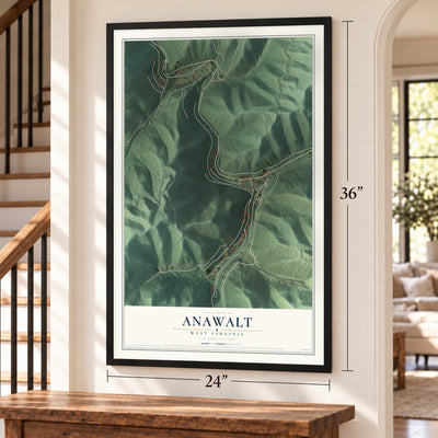Anawalt, West Virginia map, 24 x 36 inch print in a black frame by a staircase