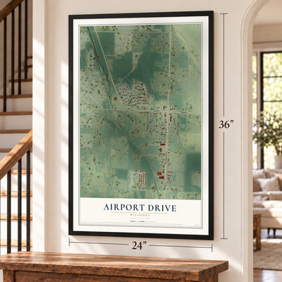 Airport Drive, Missouri map, 24 x 36 inch print in a black frame by a staircase