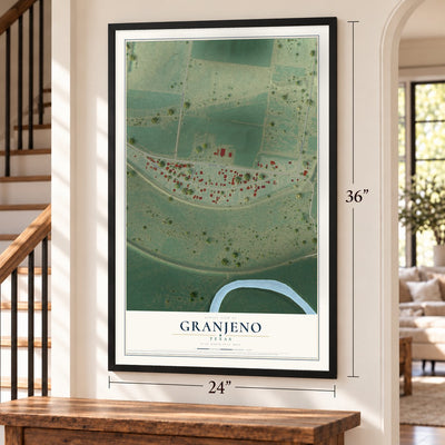 Granjeno, Texas map, 24 x 36 inch print in a black frame by a staircase