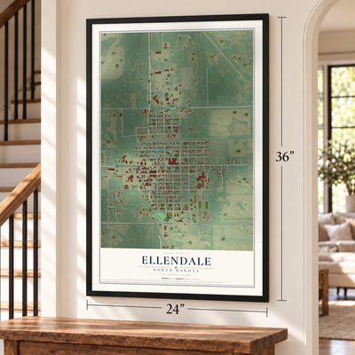 Ellendale, North Dakota map, 24 x 36 inch print in a black frame by a staircase