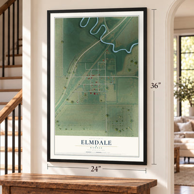 Elmdale, Kansas map, 24 x 36 inch print in a black frame by a staircase