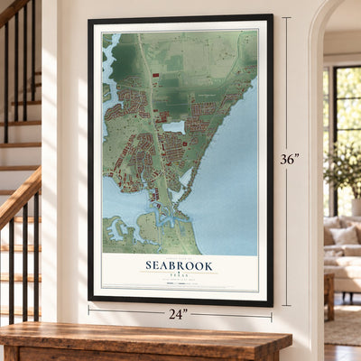 Seabrook, Texas map, 24 x 36 inch print in a black frame by a staircase