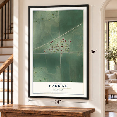 Harbine, Nebraska map, 24 x 36 inch print in a black frame by a staircase