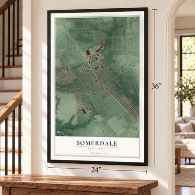 Somerdale, New Jersey map, 24 x 36 inch print in a black frame by a staircase