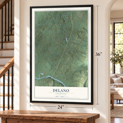 Delano, Tennessee map, 24 x 36 inch print in a black frame by a staircase