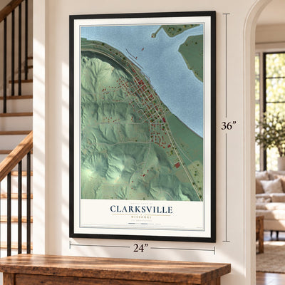 Clarksville, Missouri map, 24 x 36 inch print in a black frame by a staircase