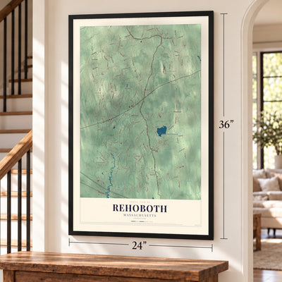 Rehoboth, Massachusetts map, 24 x 36 inch print in a black frame by a staircase