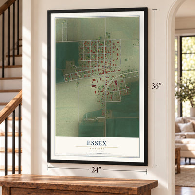 Essex, Missouri map, 24 x 36 inch print in a black frame by a staircase
