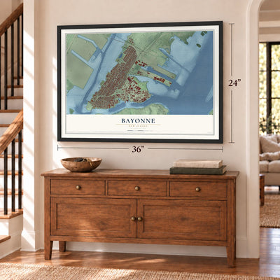 Bayonne, New Jersey map, 24 x 36 inch print in a black frame above a dresser by a staircase