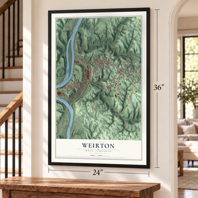 Weirton, West Virginia map, 24 x 36 inch print in a black frame by a staircase