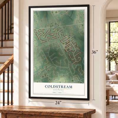 Coldstream, Kentucky map, 24 x 36 inch print in a black frame by a staircase