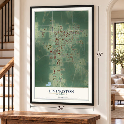 Livingston, Louisiana map, 24 x 36 inch print in a black frame by a staircase