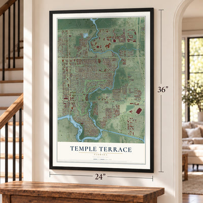 Temple Terrace, Florida map, 24 x 36 inch print in a black frame by a staircase