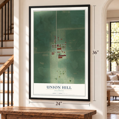 Union Hill, Illinois map, 24 x 36 inch print in a black frame by a staircase