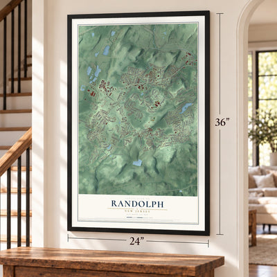 Randolph, New Jersey map, 24 x 36 inch print in a black frame by a staircase