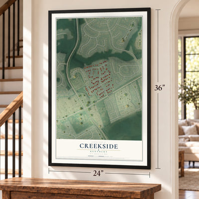 Creekside, Kentucky map, 24 x 36 inch print in a black frame by a staircase