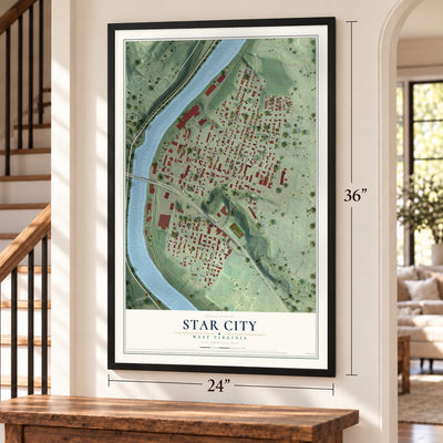 Star City, West Virginia map, 24 x 36 inch print in a black frame by a staircase