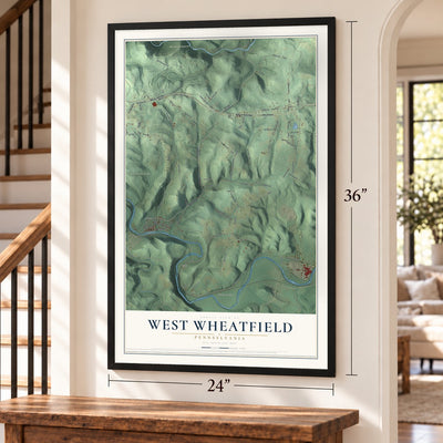 West Wheatfield, Pennsylvania map, 24 x 36 inch print in a black frame by a staircase