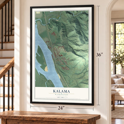 Kalama, Washington map, 24 x 36 inch print in a black frame by a staircase