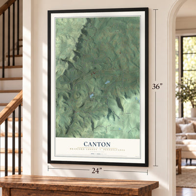 Canton, Bradford County, Pennsylvania map, 24 x 36 inch print in a black frame by a staircase