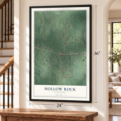 Hollow Rock, Tennessee map, 24 x 36 inch print in a black frame by a staircase