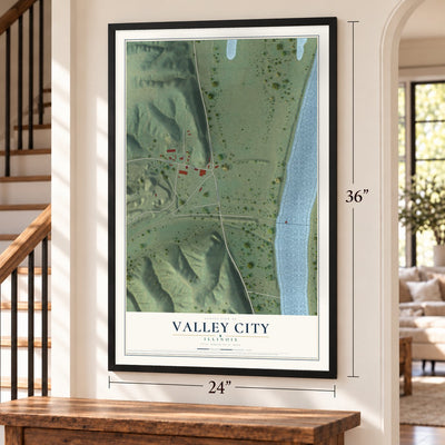 Valley City, Illinois map, 24 x 36 inch print in a black frame by a staircase