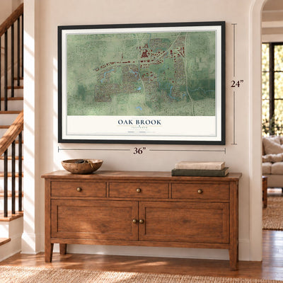 Oak Brook, Illinois map, 24 x 36 inch print in a black frame above a dresser by a staircase