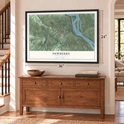 Newberry, Pennsylvania map, 24 x 36 inch print in a black frame above a dresser by a staircase