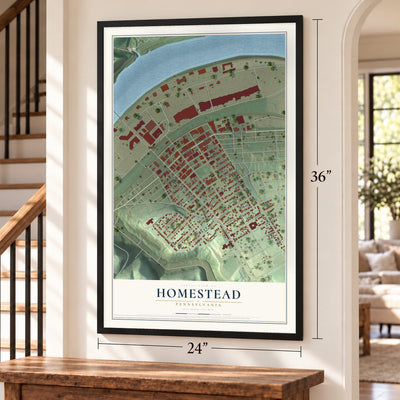 Homestead, Pennsylvania map, 24 x 36 inch print in a black frame by a staircase