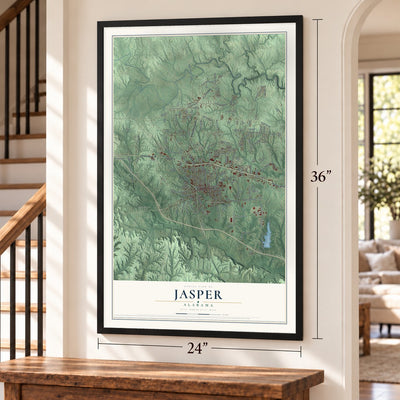 Jasper, Alabama map, 24 x 36 inch print in a black frame by a staircase