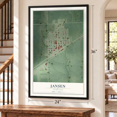 Jansen, Nebraska map, 24 x 36 inch print in a black frame by a staircase