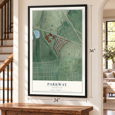 Parkway, Maryland map, 24 x 36 inch print in a black frame by a staircase