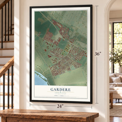 Gardere, Louisiana map, 24 x 36 inch print in a black frame by a staircase