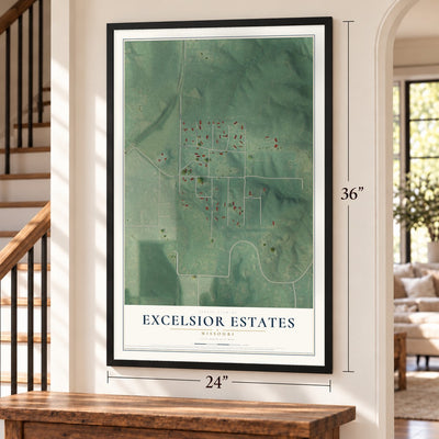 Excelsior Estates, Missouri map, 24 x 36 inch print in a black frame by a staircase