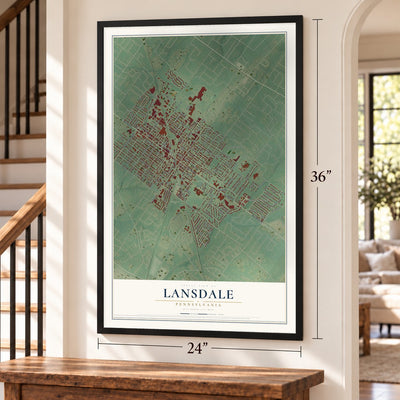 Lansdale, Pennsylvania map, 24 x 36 inch print in a black frame by a staircase