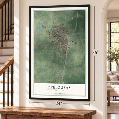 Opelousas, Louisiana map, 24 x 36 inch print in a black frame by a staircase