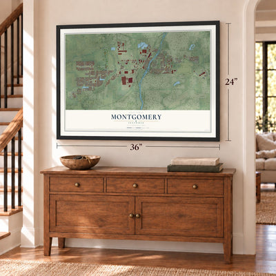 Montgomery, Illinois map, 24 x 36 inch print in a black frame above a dresser by a staircase