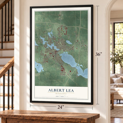Albert Lea, Minnesota map, 24 x 36 inch print in a black frame by a staircase
