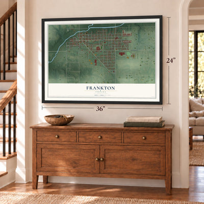 Frankton, Indiana map, 24 x 36 inch print in a black frame above a dresser by a staircase