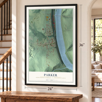 Parker, Armstrong County, Pennsylvania map, 24 x 36 inch print in a black frame by a staircase