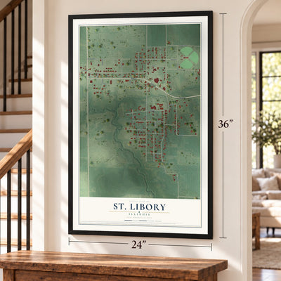St. Libory, Illinois map, 24 x 36 inch print in a black frame by a staircase