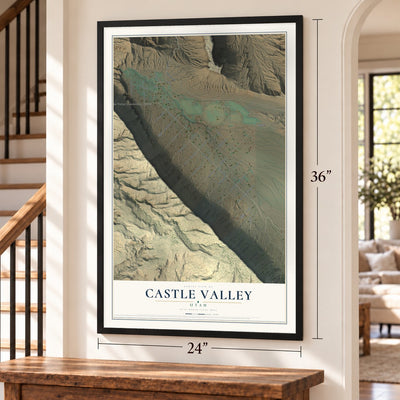 Castle Valley, Utah map, 24 x 36 inch print in a black frame by a staircase
