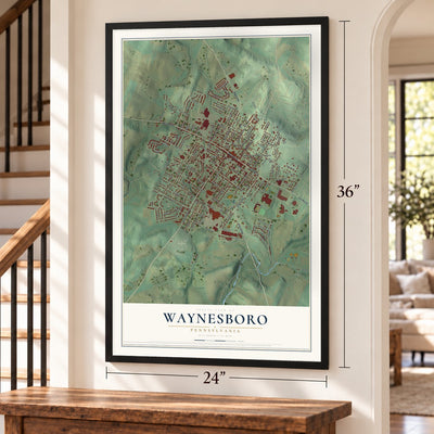 Waynesboro, Pennsylvania map, 24 x 36 inch print in a black frame by a staircase