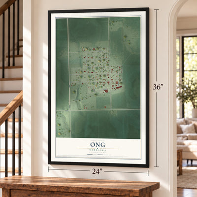 Ong, Nebraska map, 24 x 36 inch print in a black frame by a staircase